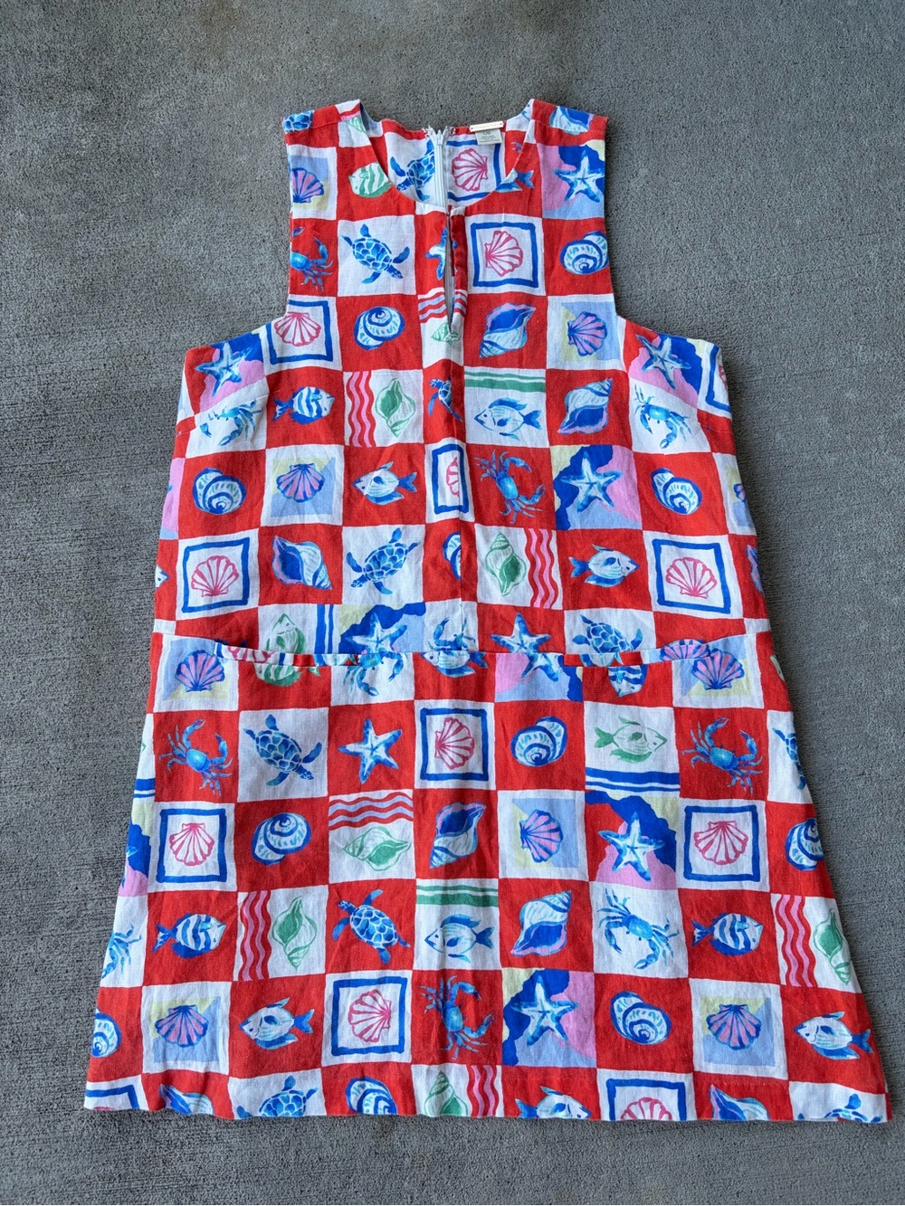 Magaschoni red blue beach shell lobster coastal linen dress starfish